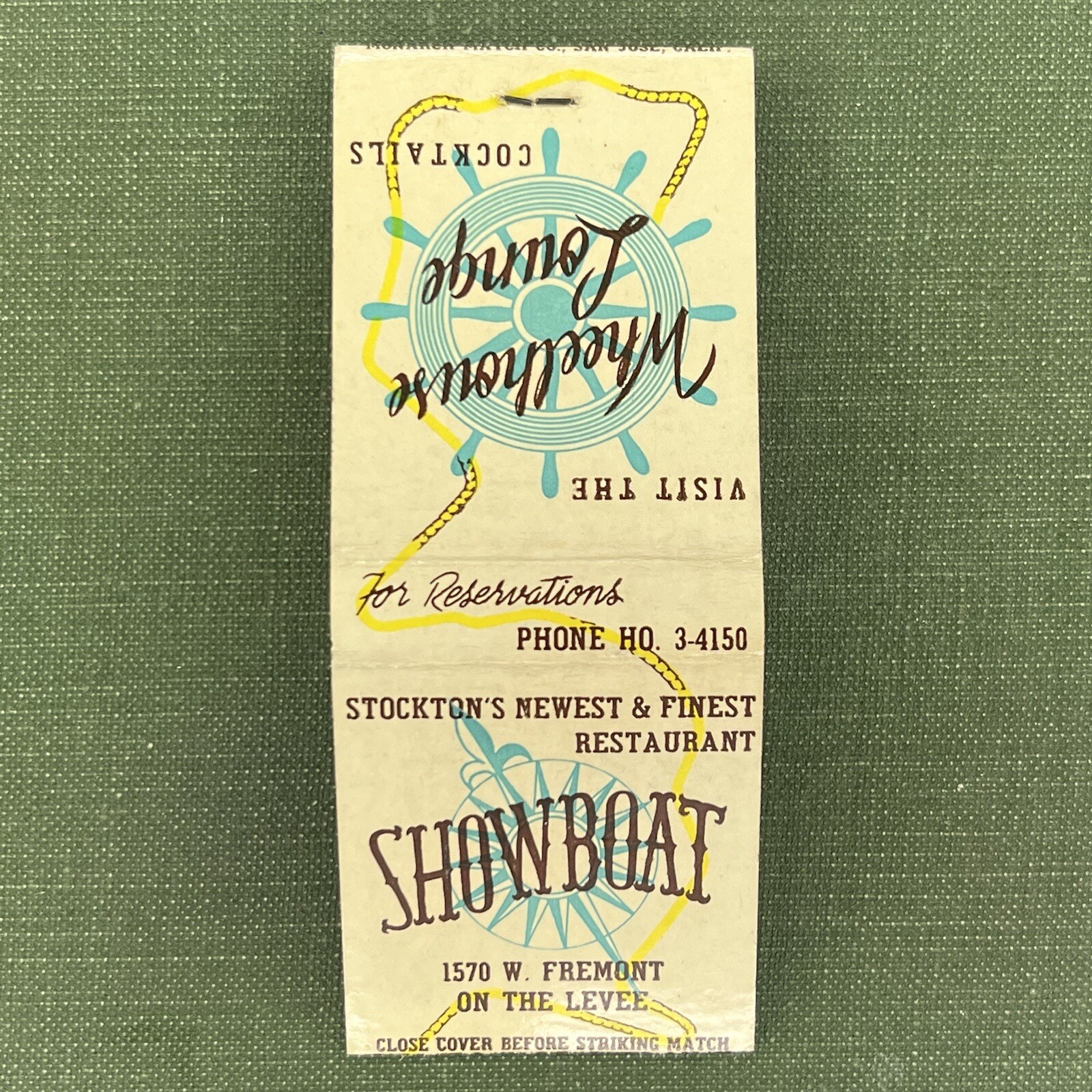 Vintage Matchbook Wheelhouse Lounge Cocktails Showboat Stockton Matches Unstruck