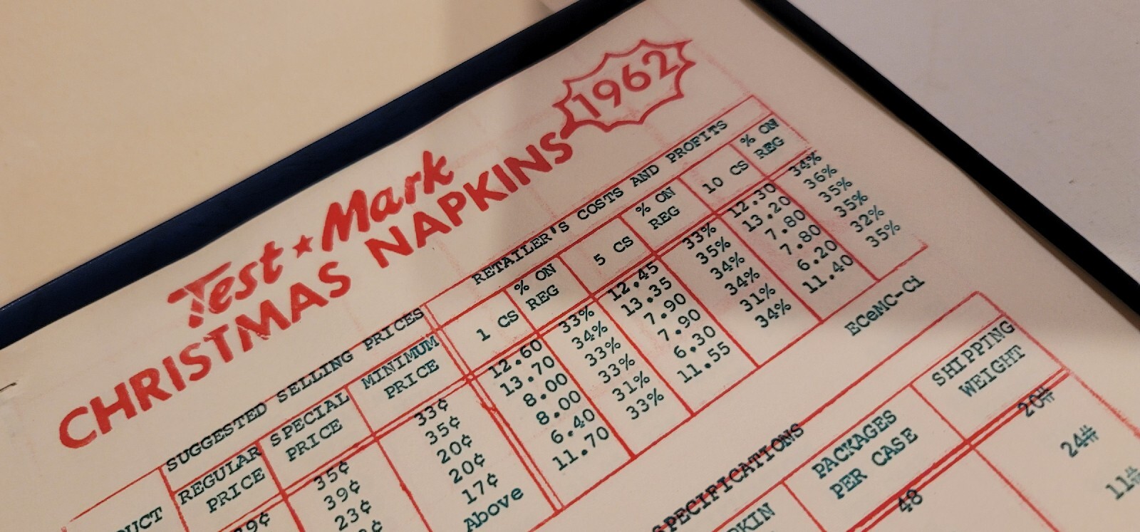 vintage christmas napkins 1962 paper SALESMAN SAMPLE in amazing condition 