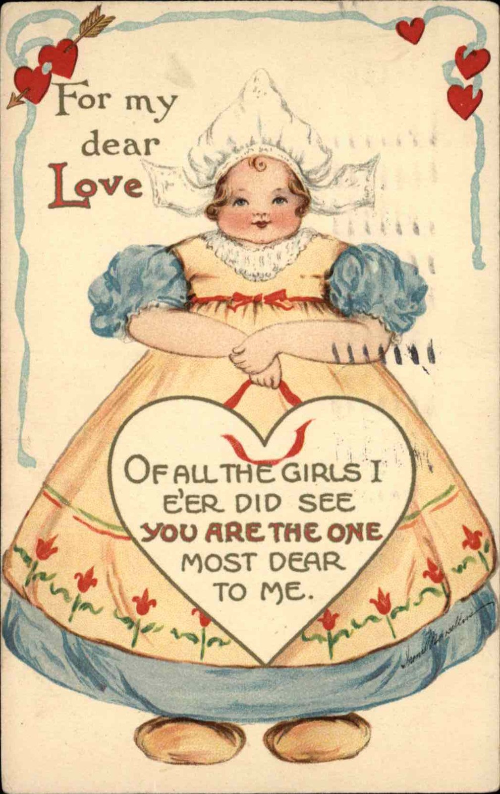 Valentines Dutch Girl Greeting c1900-20s Vintage Postcard Valentines Dutch Girl Greeting c1900-20s Vintage Postcard