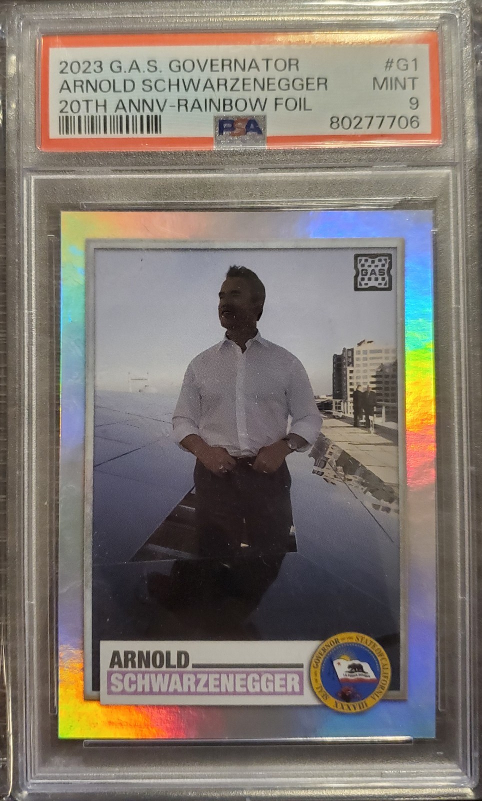 2023 G.A.S. Governator Arnold Schwarzenegger Rainbow Foil PSA 9 MT #G1 SSP #/10