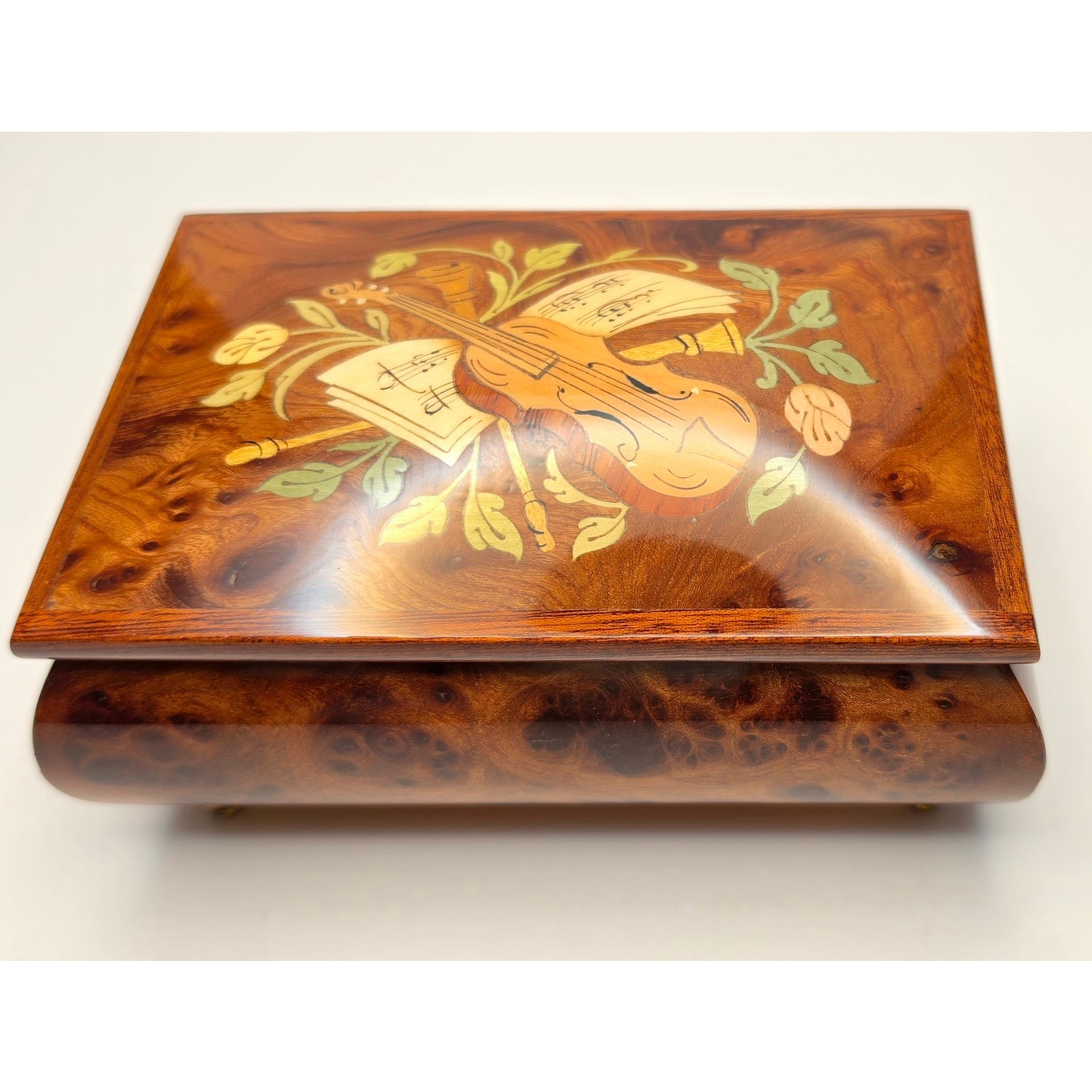 Vintage Italian Burl Wood Reuge Music Jewelry Box Ercolano Sorrento Luxury Gift