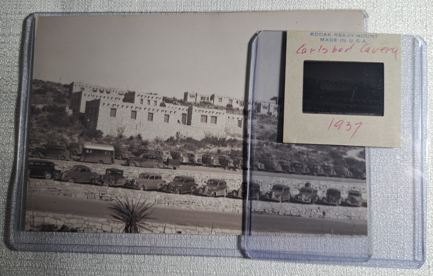 1937 Carlsbad Caverns Cars in Parking Lot 35mm Kodak Slide + Photo 1937 Carlsbad Caverns Cars in Parking Lot 35mm Kodak Slide + Photo