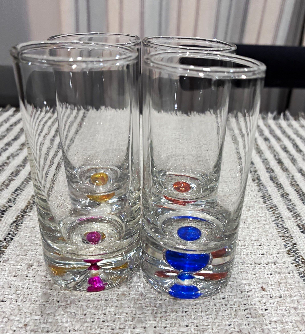 Set of 4 Clear Glass Painted Shot Glasses w/ Multicolor Accents, Round