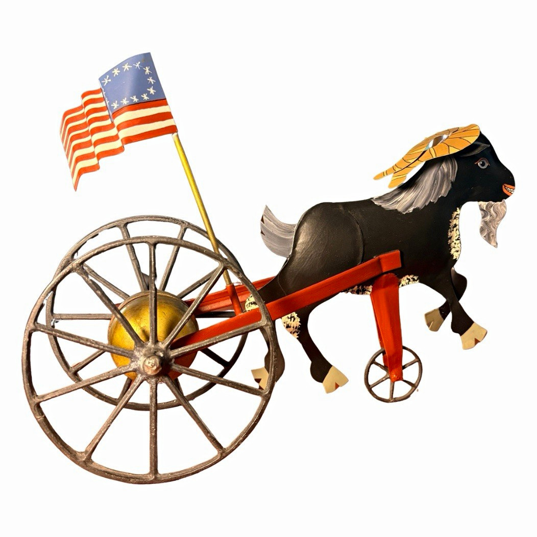 Antique Gong Bell Co Goat Pull Toy Mechanical Chime Flag Working American Flag Antique Gong Bell Co Goat Pull Toy Mechanical Chime Flag Working American Flag