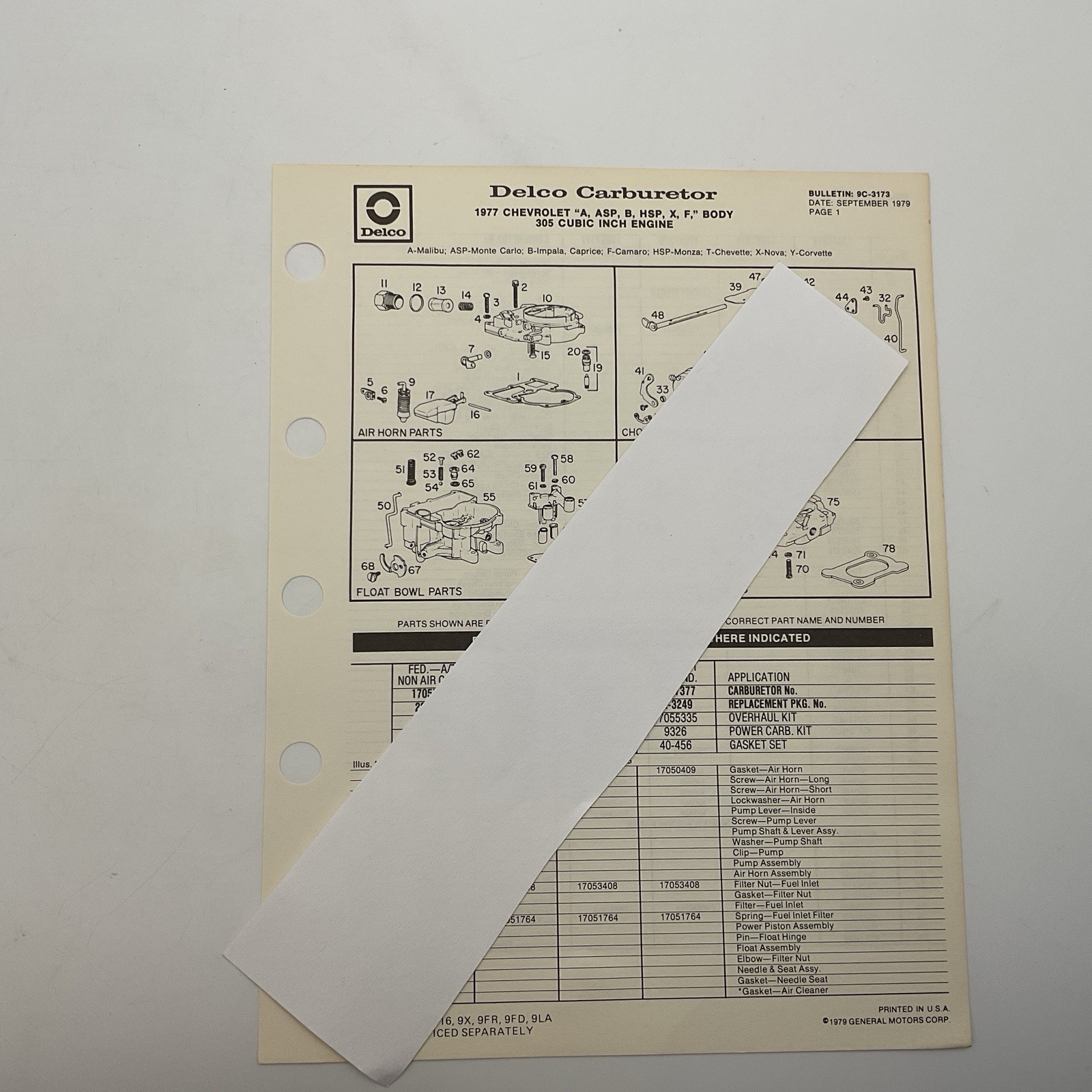 Delco Carburetor 1979 Parts Bulletin 1977 Chevy A ASP B HSP X F BODY 9c-3173