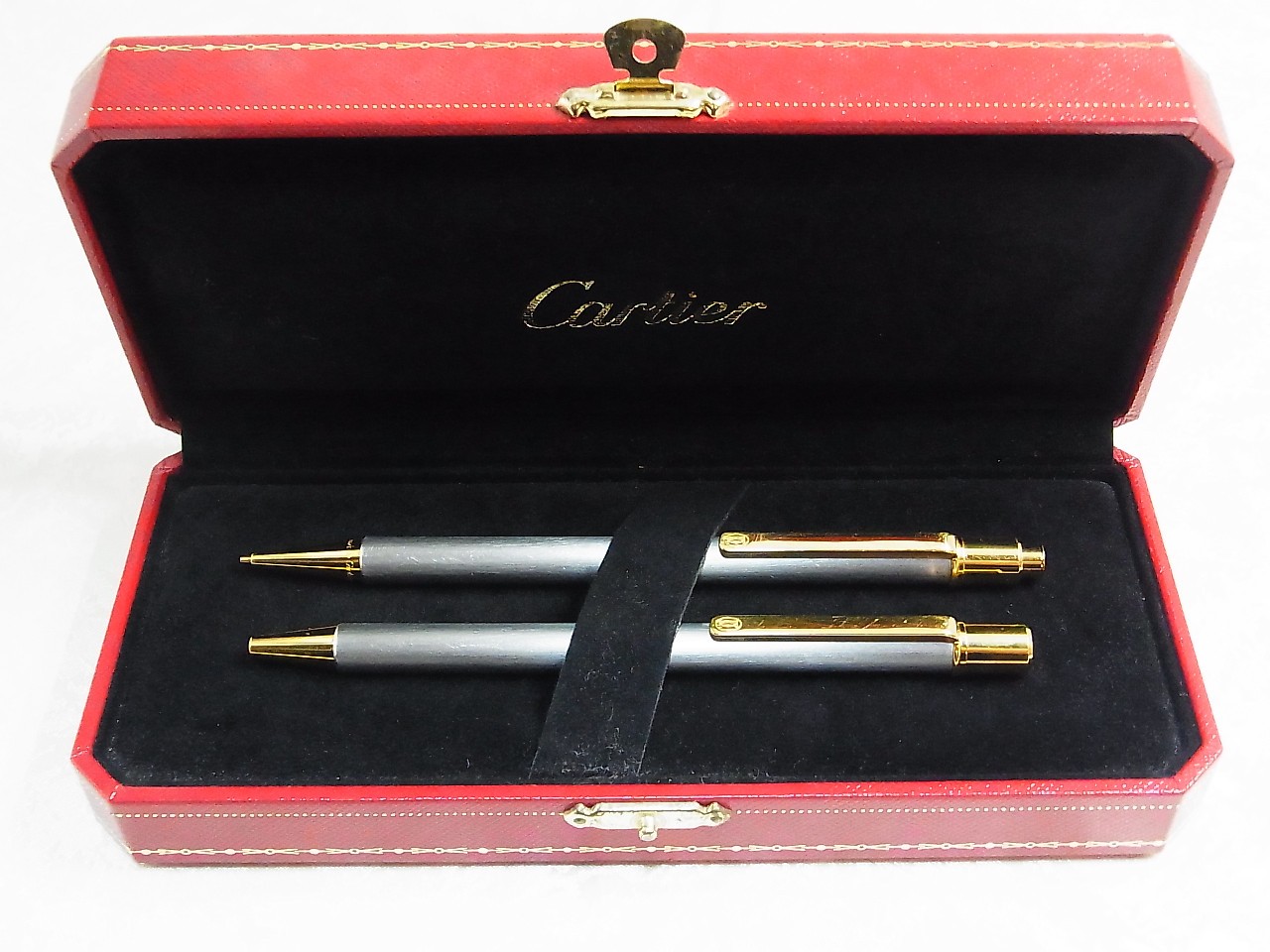 Auth Cartier Must II 2 Ballpoint Pen & Mechanical Pencil Gray Lacquer Gold w/Box