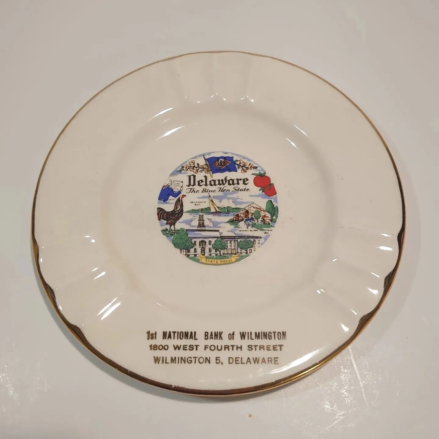 Vtg Sabina Line 22K Gold Trim Promotion Ashtray, 1st National Bank Wilmington DE