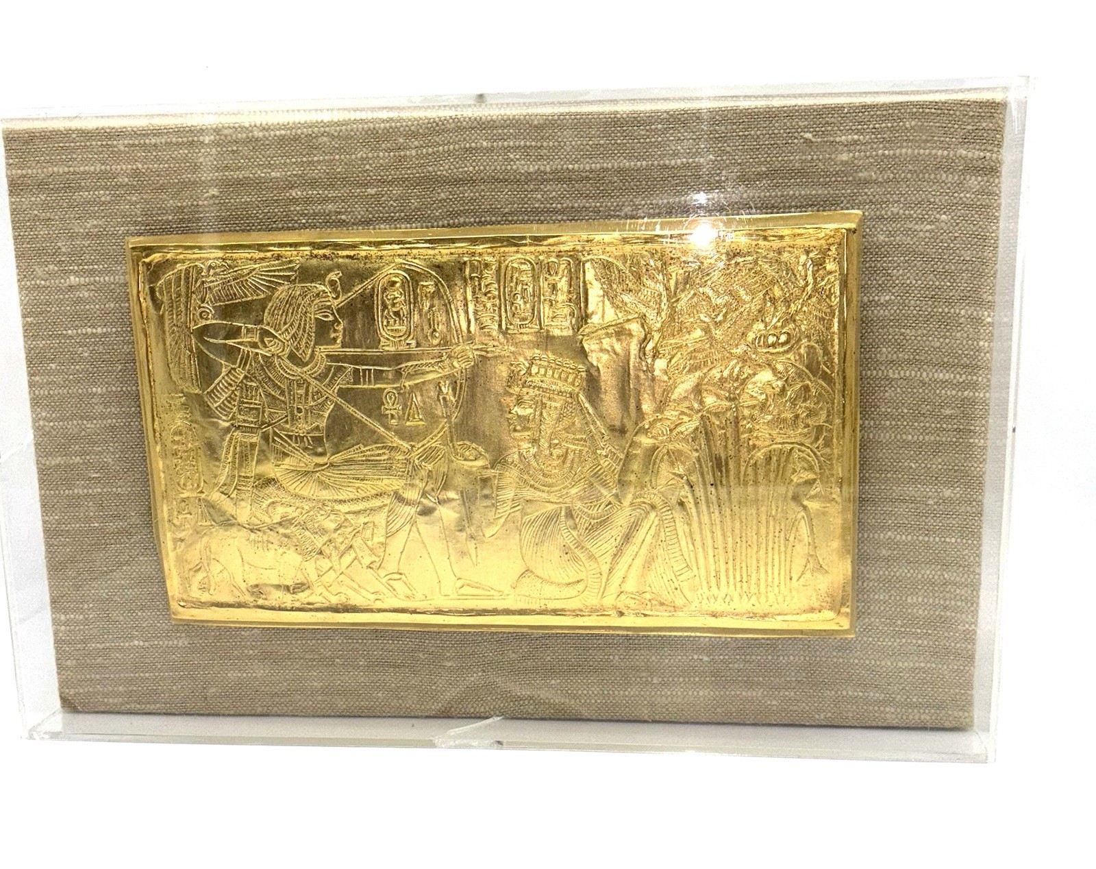 1976 Metropolitan Museum of Art Egyptian King Tut Gold Plaque in Shadow Box