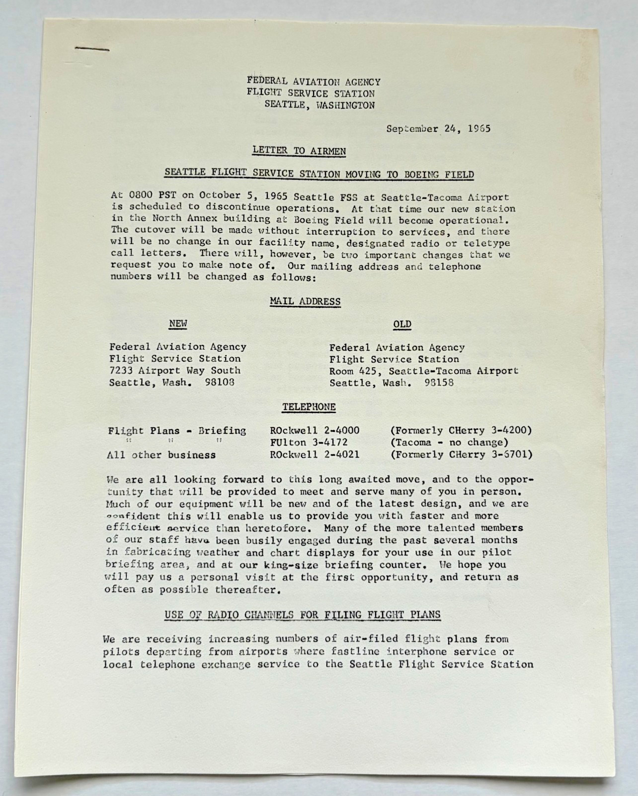 Vintage 1965 FAA Letter to Airmen Seattle Boeing Field Sea-Tac Aviation History Vintage 1965 FAA Letter to Airmen Seattle Boeing Field Sea-Tac Aviation History