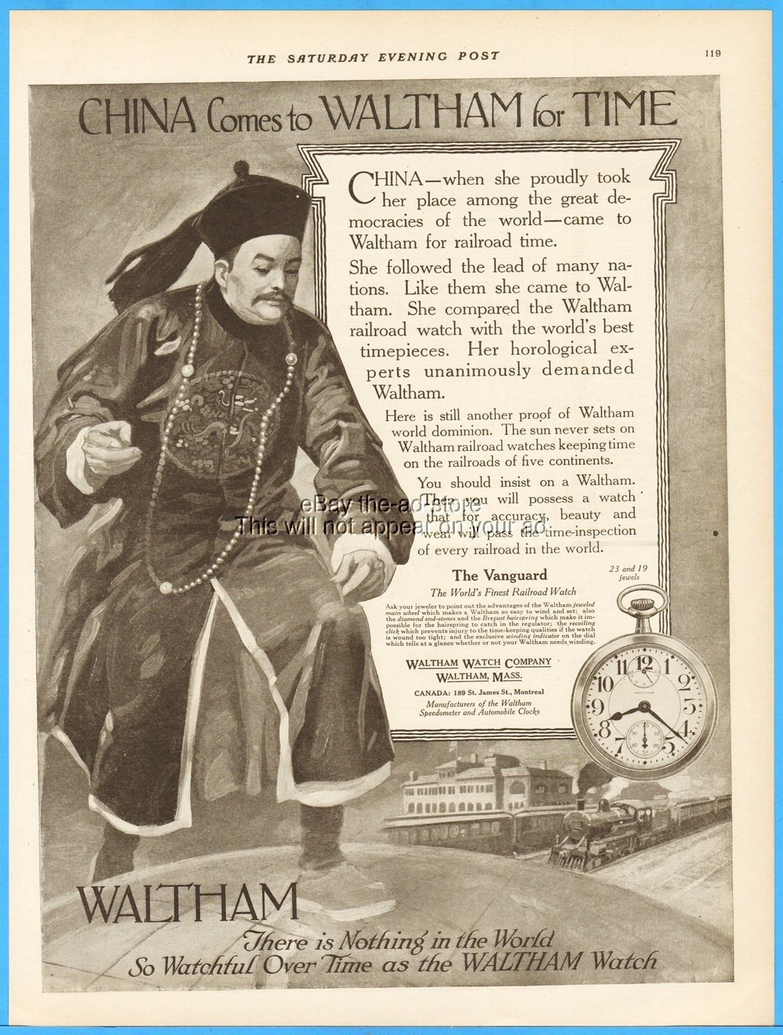 1917 Waltham Watch Company MA Riverside Pocket Watch China Railroad Time Ad