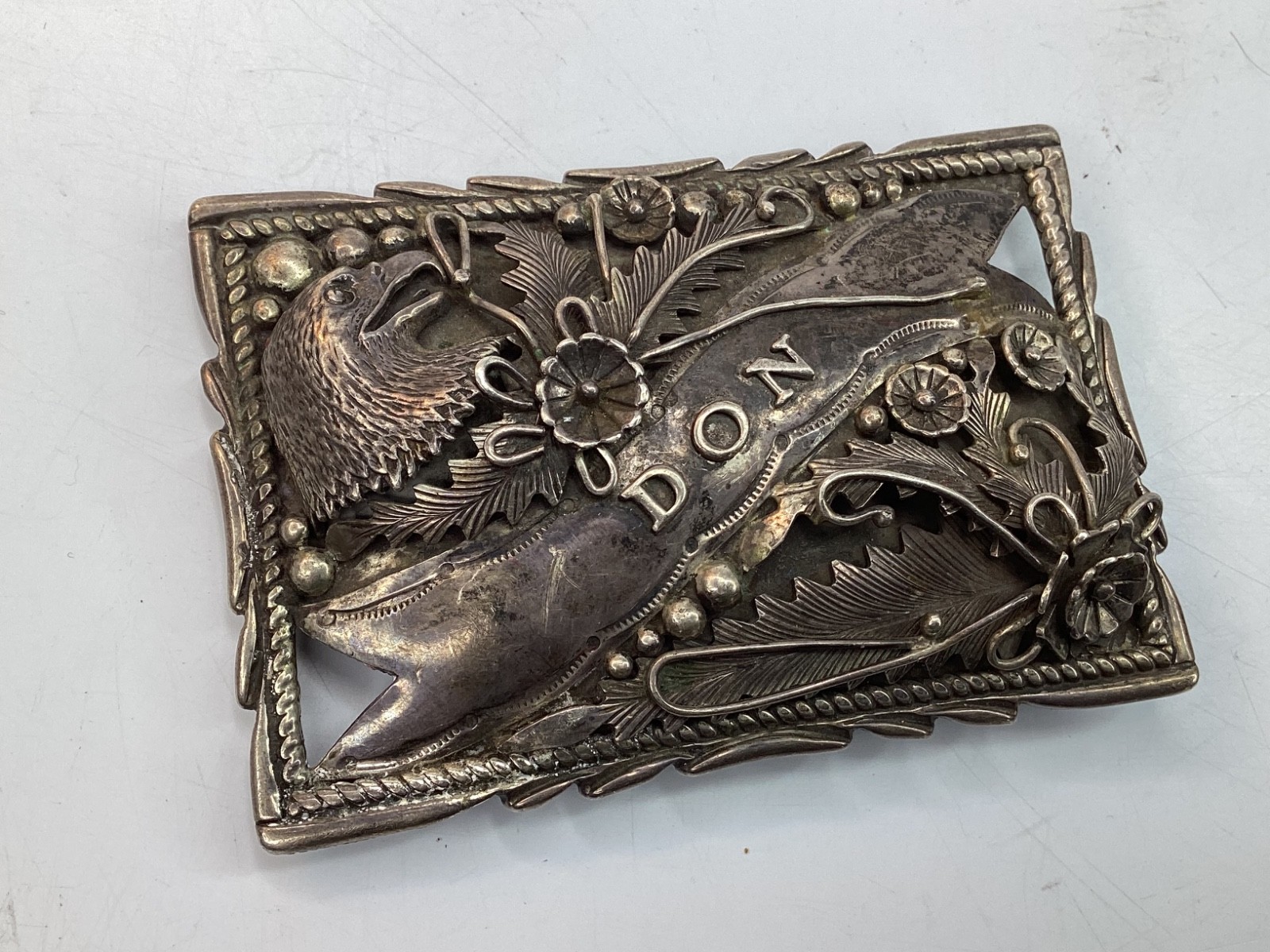 Vintage R.J. Navajo Sterling Silver Belt Buckle Signed 3.23 oz. Vintage R.J. Navajo Sterling Silver Belt Buckle Signed 3.23 oz.