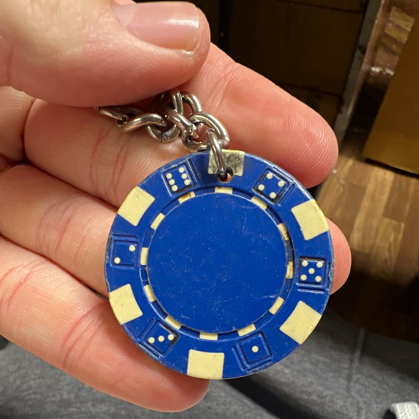 Blue & White Casino Poker Chip Keychain, Plastic, Detachable Keyring