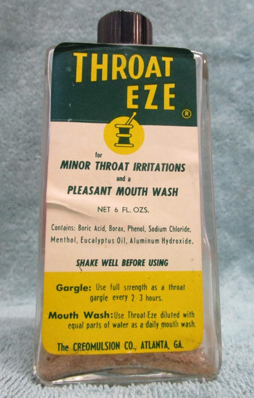 VINTAGE THROAT EZE MOUTH WASH BOTTLE CREOMULSION CO ATLANTA GA. EMPTY