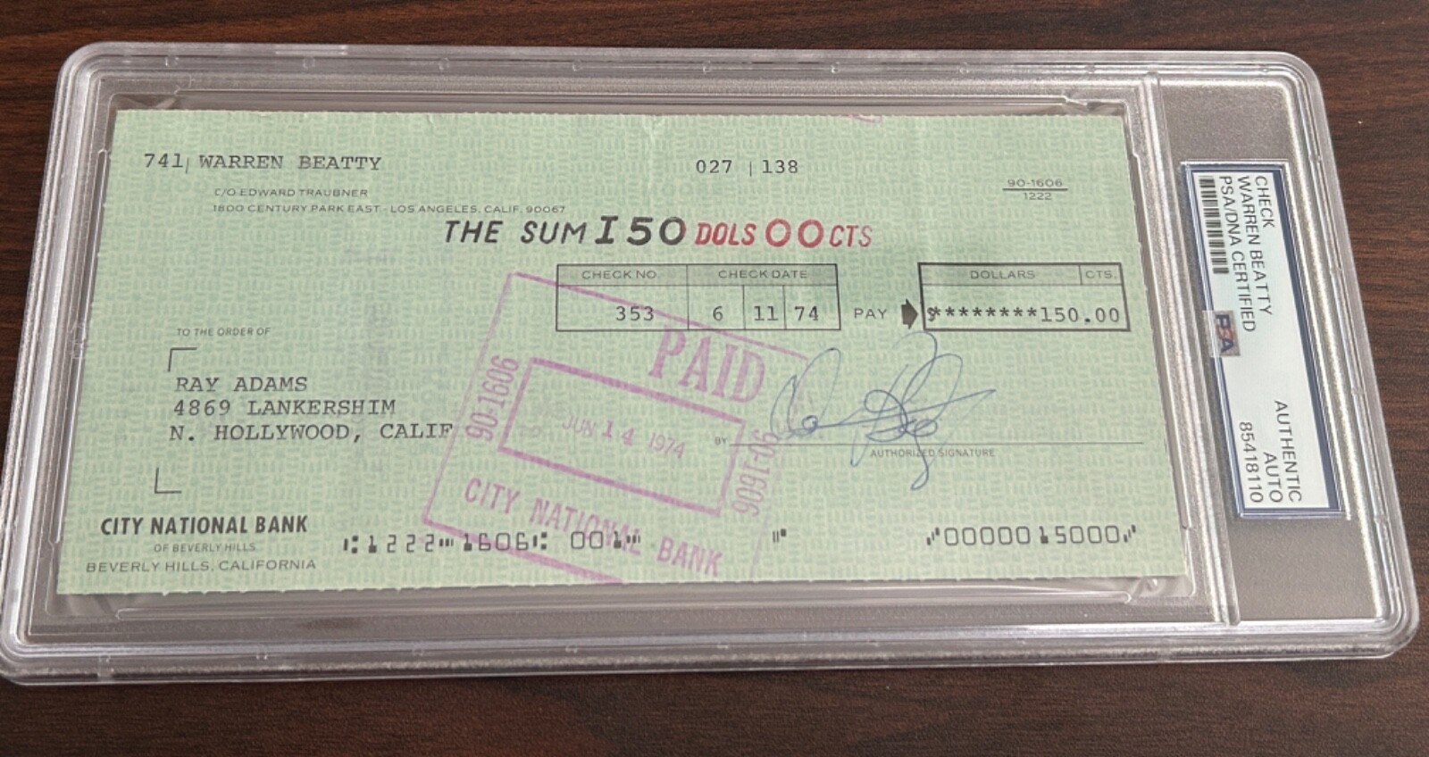 Warren Beatty signed check 1974 PSA Warren Beatty signed check 1974 PSA