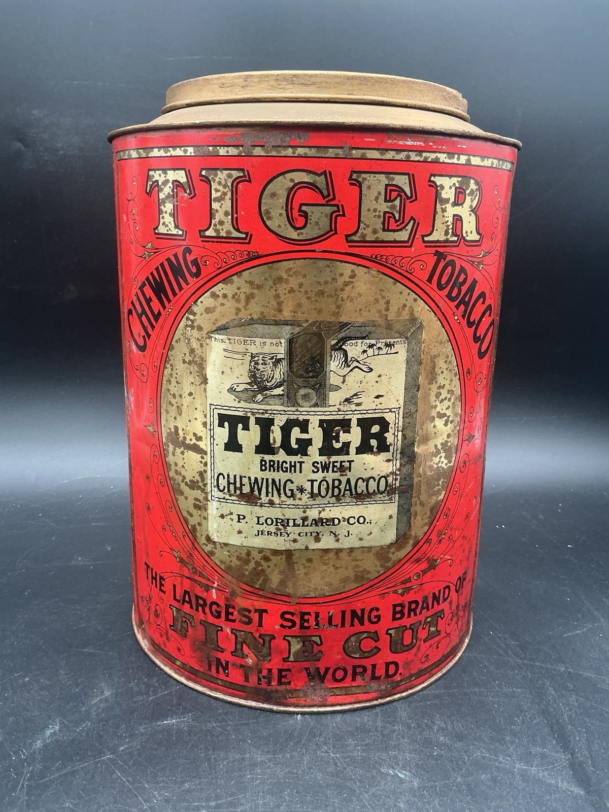 Antique c1905 Tiger Chewing Tobacco Store Tin P Lorillard Lithograph