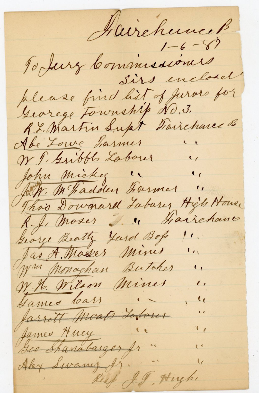 1887 Antique Handwritten Juror List George Township No. 3 Fairchance PA Signed 1887 Antique Handwritten Juror List George Township No. 3 Fairchance PA Signed