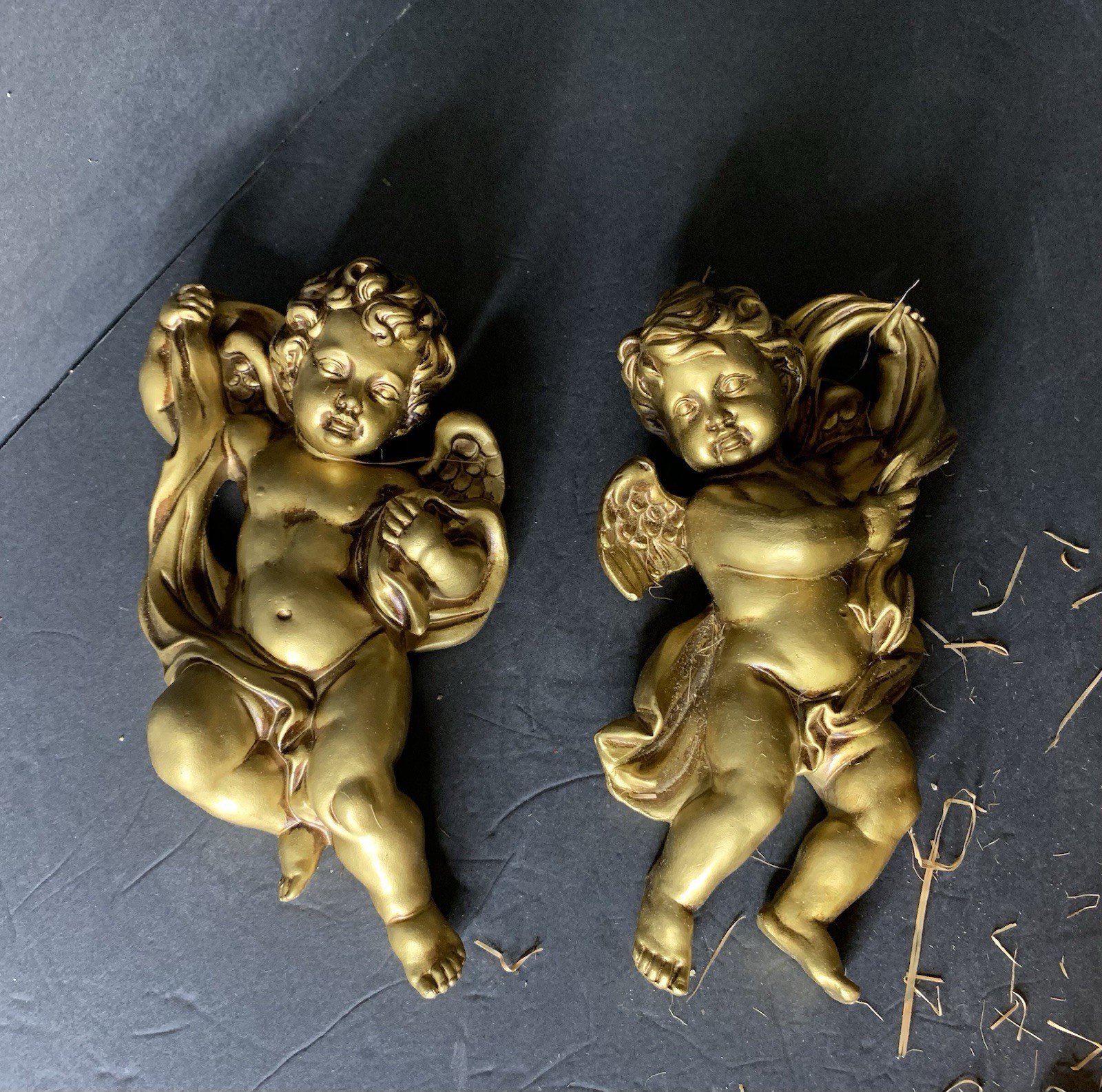 Vintage NOS Gold Paper Mache Cherubs Set Of 2 Made In Japan 10” Tall JC-259