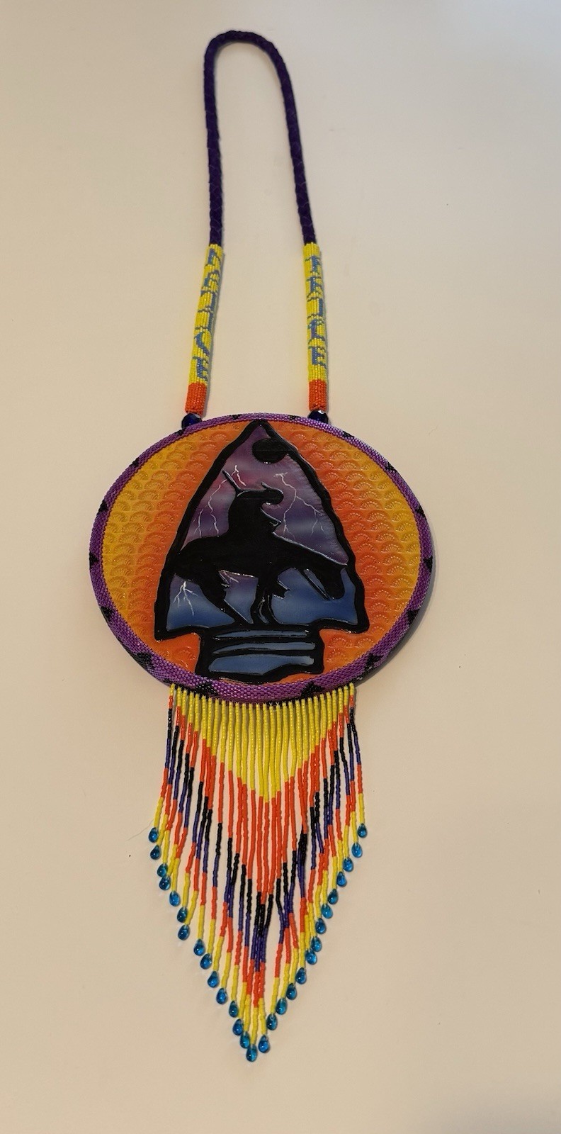 End of the Trails, Handmade Native American Beaded, Painted Medallion Necklace. End of the Trails, Handmade Native American Beaded, Painted Medallion Necklace.