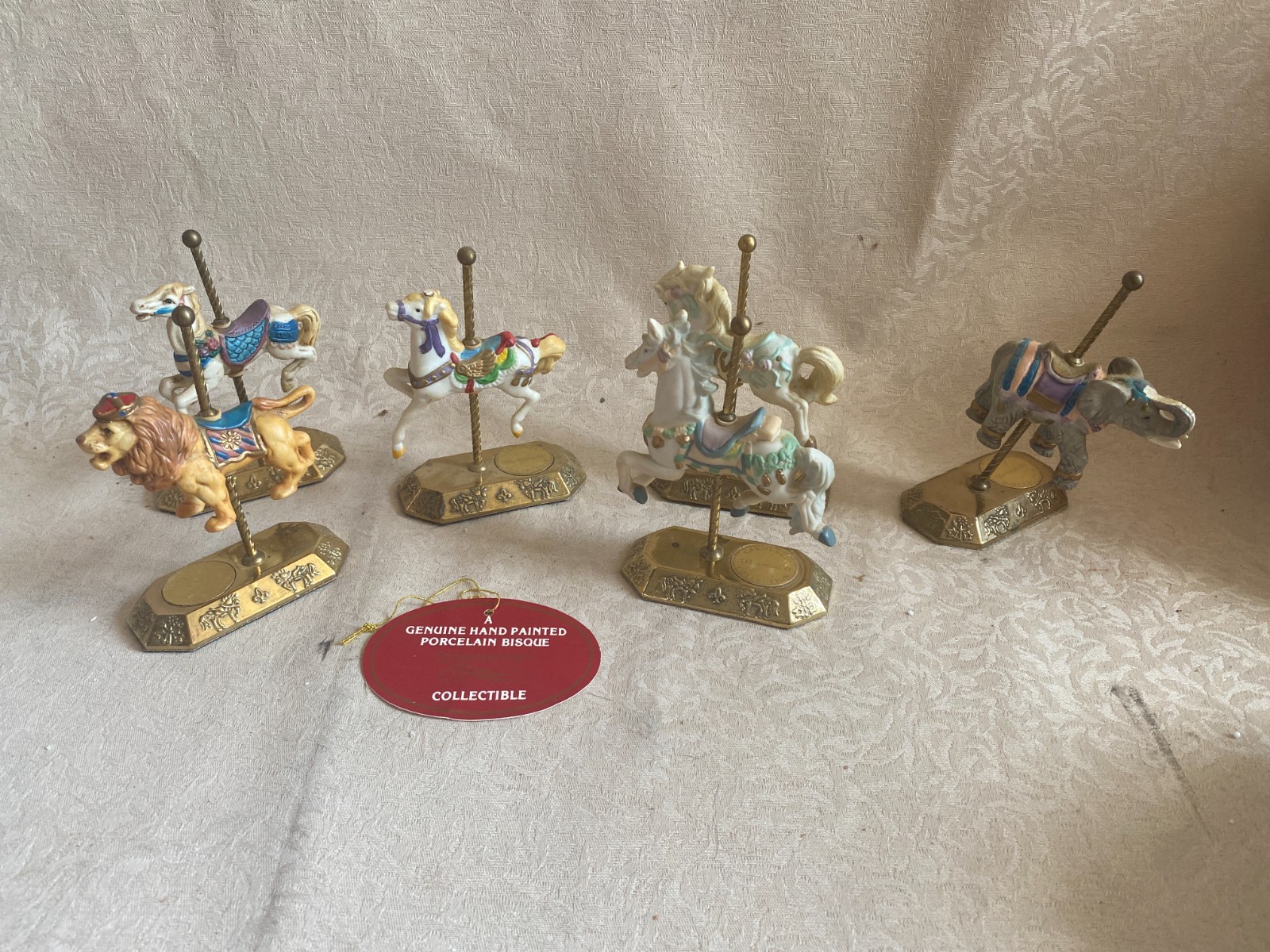Vtg Westminster Porcelain Bisque Mini Carousel Animal Figure Brass Base Lot of 6