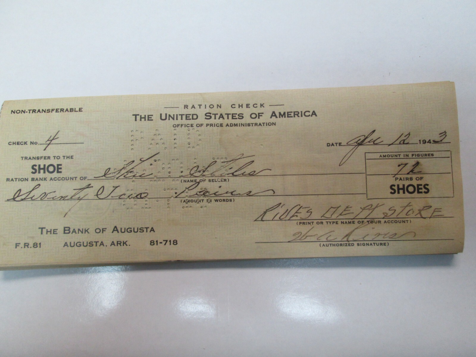 1940\'s Ration Check for Shoes by Office of Price Administration 1940\'s Ration Check for Shoes by Office of Price Administration