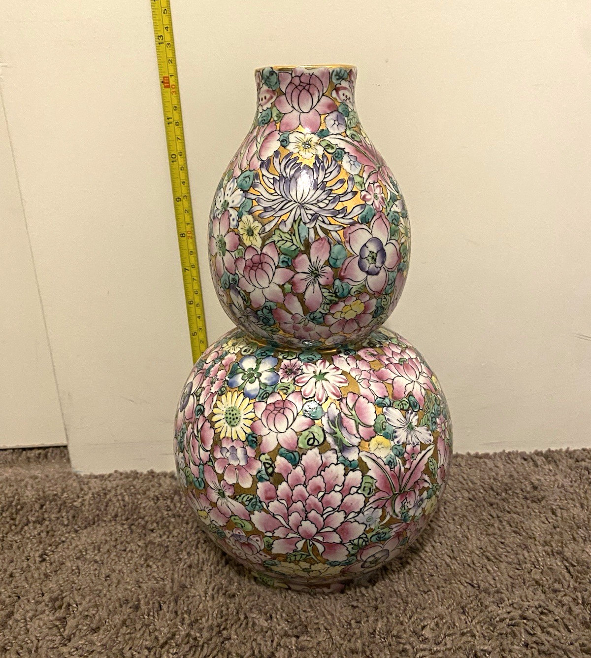 Vintage Chinese Millefleur Double Gourd Porcelain Vase Qianlong Mark 13” Floral Vintage Chinese Millefleur Double Gourd Porcelain Vase Qianlong Mark 13” Floral