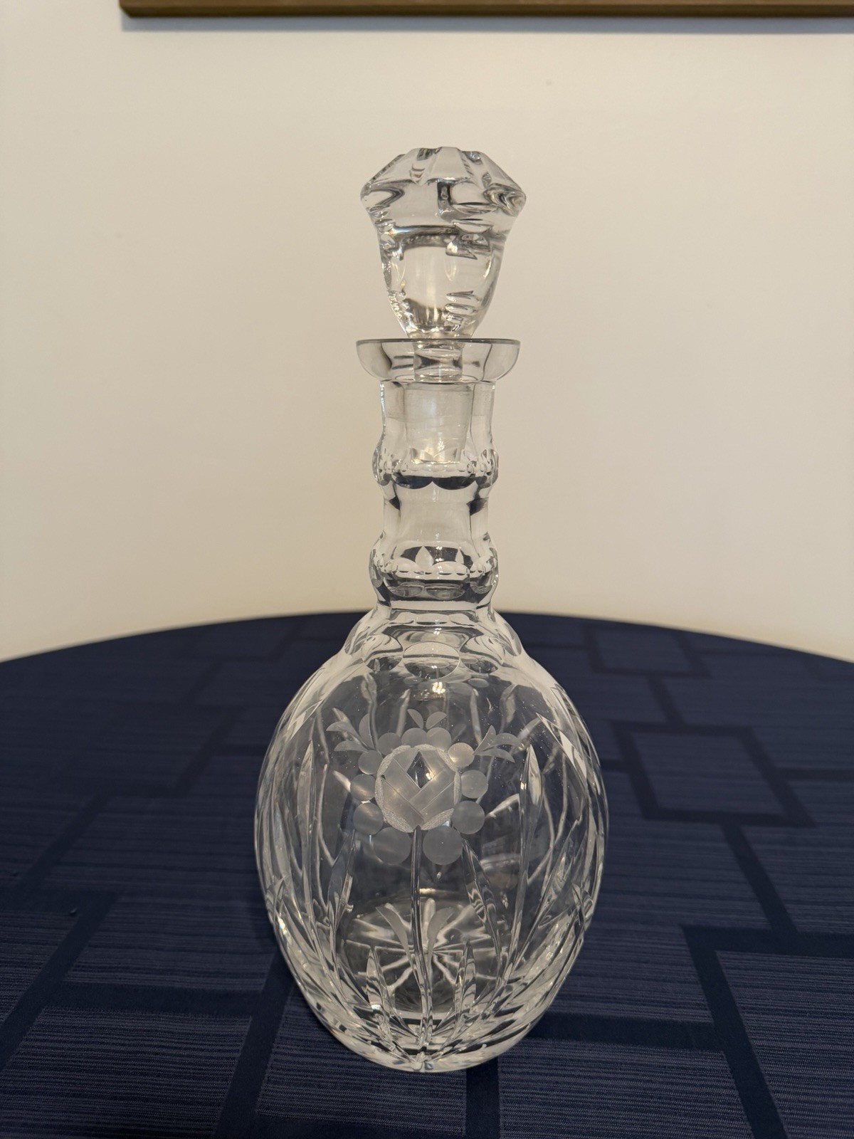 Vtg Heavy Cut And Etched Crystal Decanter With Stopper Frosted Floral Design