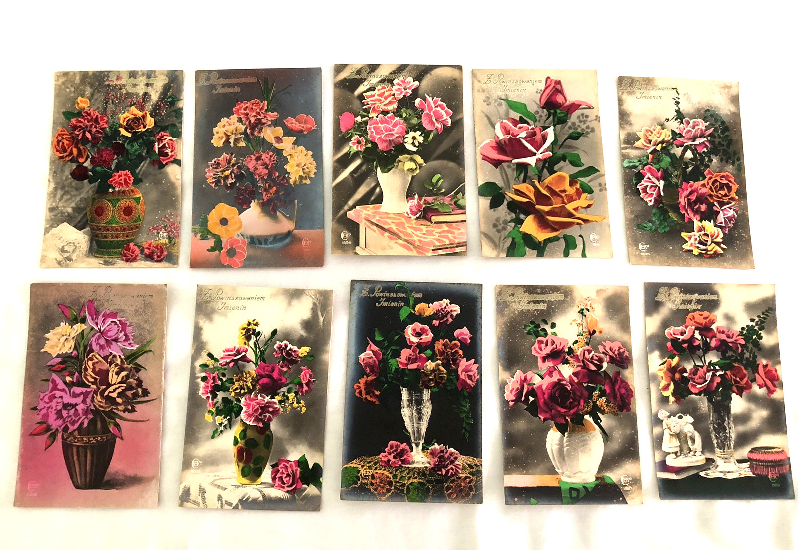 LOT OF 10 VINTAGE POLISH NAME DAY REAL PHOTO POSTCARDS ROSES FLOWERS HAND TINTED LOT OF 10 VINTAGE POLISH NAME DAY REAL PHOTO POSTCARDS ROSES FLOWERS HAND TINTED