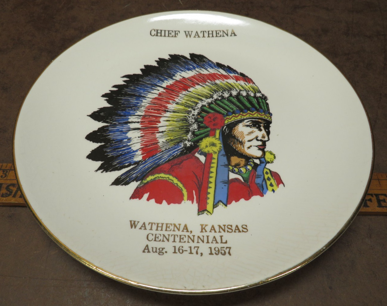 Sabina 22k Gold Native American Chief Headdress Wathena Kansas 1957 Plate Indian