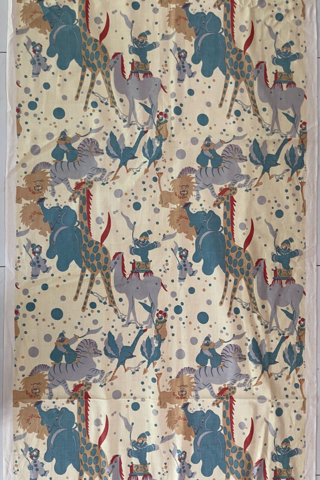 Vintage 1960s Circus Textile Fabric Animals Clowns Mid Century Modern Barkcloth