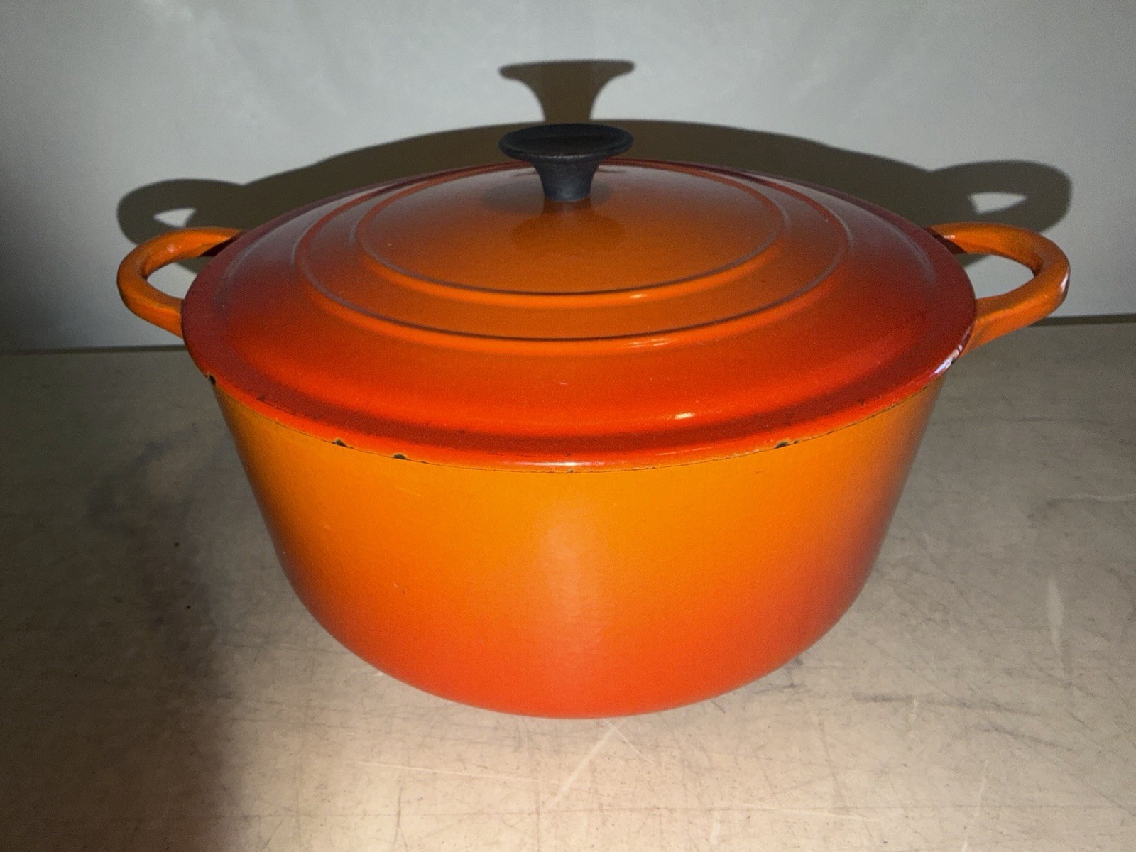 Vintage Le Creuset Size E Dutch Oven 4.5 Qt. w/ Lid Flame Orange Good Condition