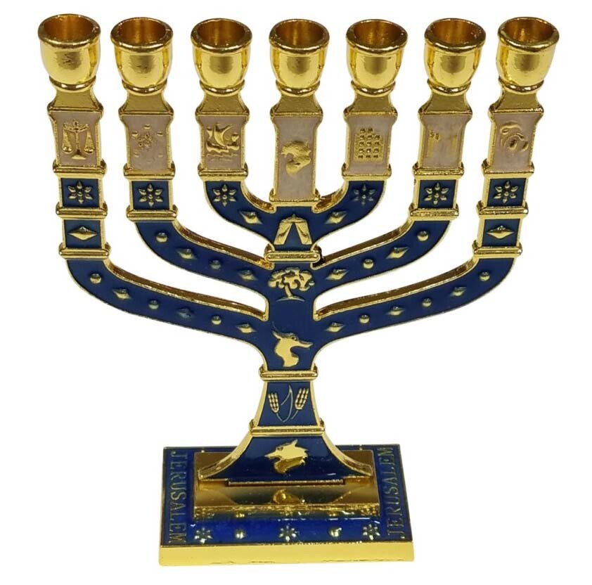 7 Branch 12 Tribes Blue & Gold Enamel Menorah 4.75 7 Branch 12 Tribes Blue & Gold Enamel Menorah 4.75