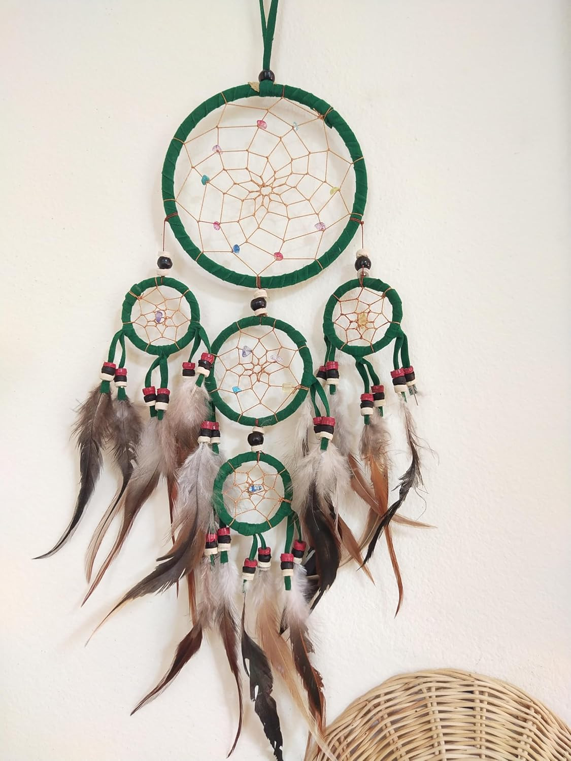 Green Dream Catchers Hanging Ornaments with Feathers and Beads for Bedroom, Dini