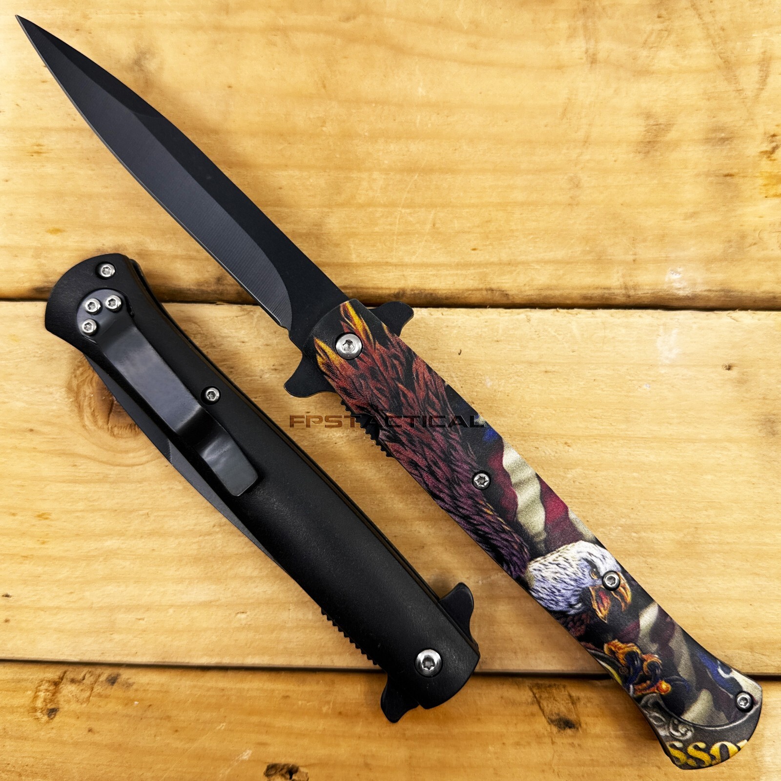 Pacific Solutions USA Flag Black Spring Assisted Stiletto Knife w Eagle Scales
