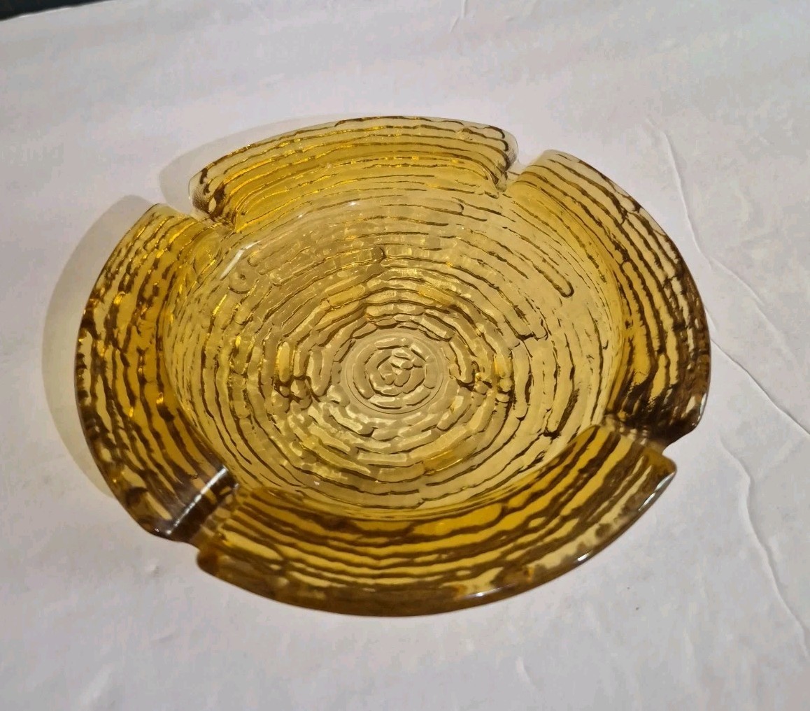 Vtg 1970s Anchor Hocking Soreno  6  1/4” Amber Round Ashtray Ripple Glass 