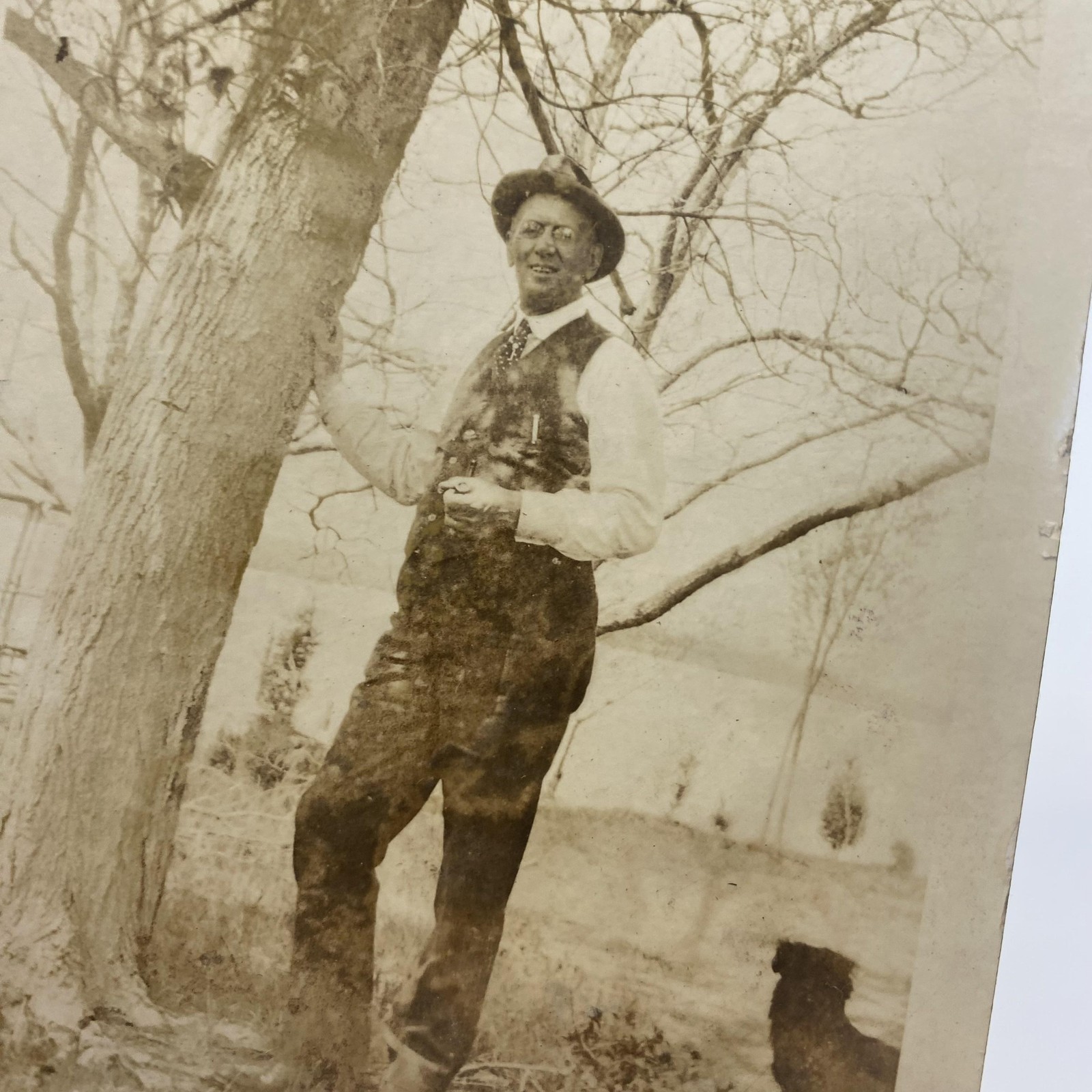 Vtg Early 1900s Uncle Charles Man Dog Tree Snapshot Photo Sepia 4x6 Original