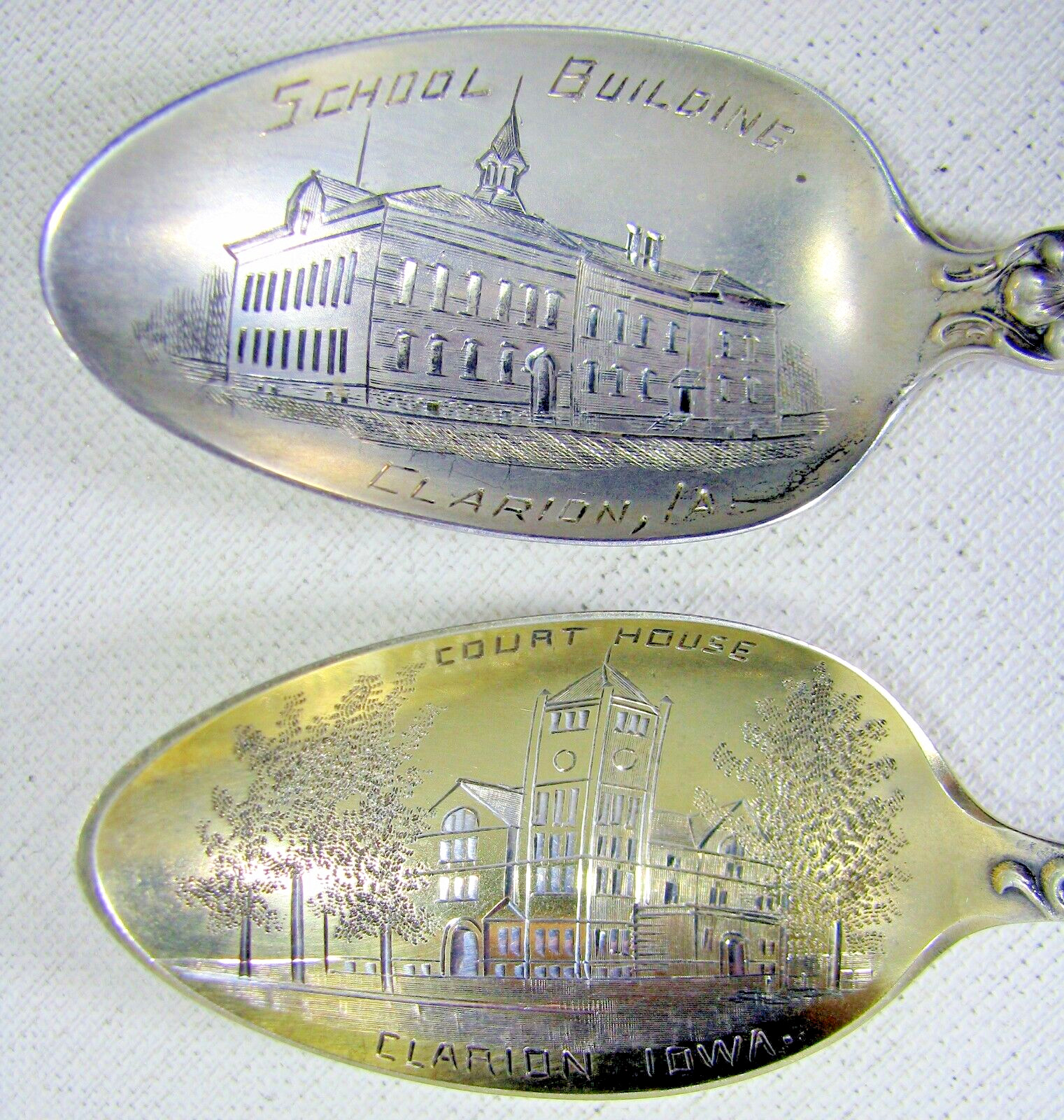 Nice Early Lot of 2 Hand Tooled Sterling Silver Souvenirs of Clarion Iowa