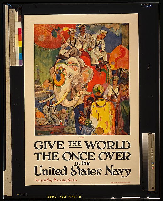 India 1919 United States Navy Give the World Once Over Poster Sailors Elephant