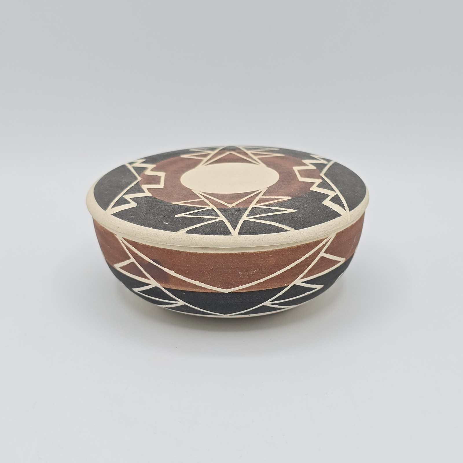 S Red Elk Sioux Pottery Lidded Bowl Geometric Native American Signed Trinket