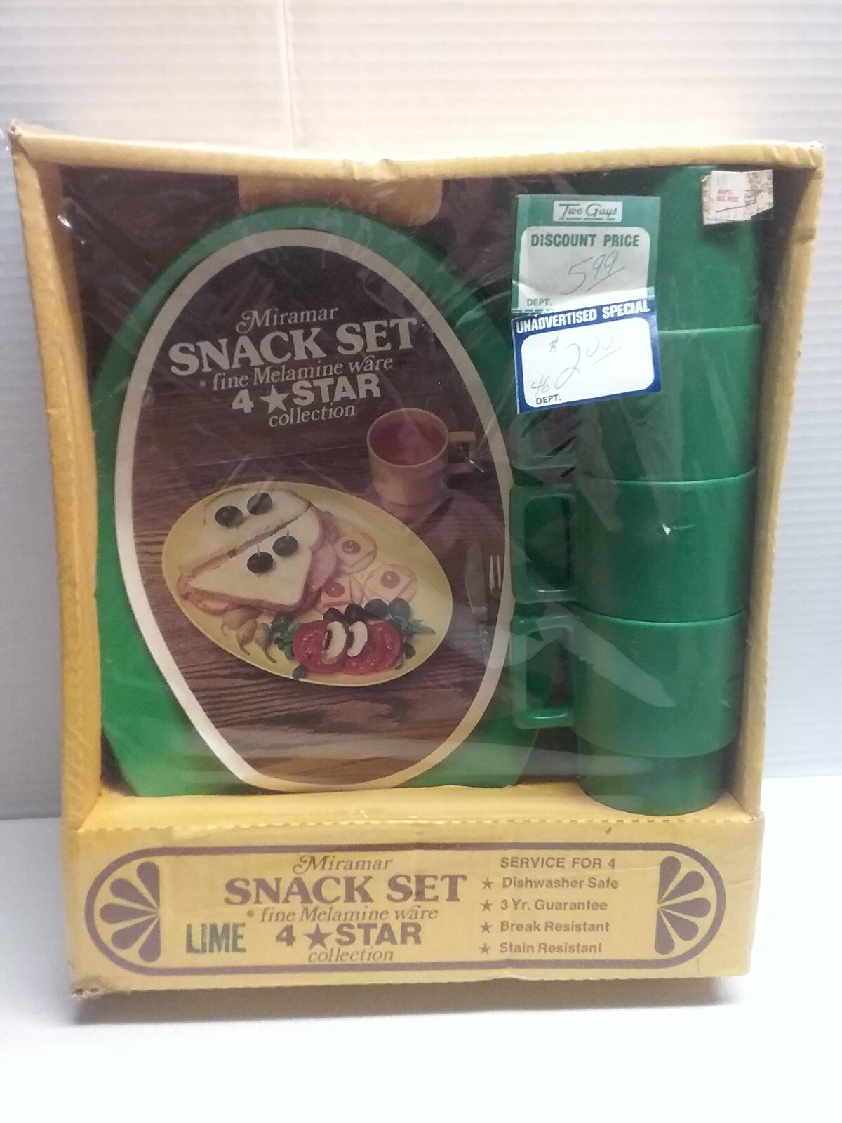 VTG MIRAMAR FINE MELAMINE WARE SNAKC SET NOS GREEN USA 8 PIECE SET SEALED VTG MIRAMAR FINE MELAMINE WARE SNAKC SET NOS GREEN USA 8 PIECE SET SEALED