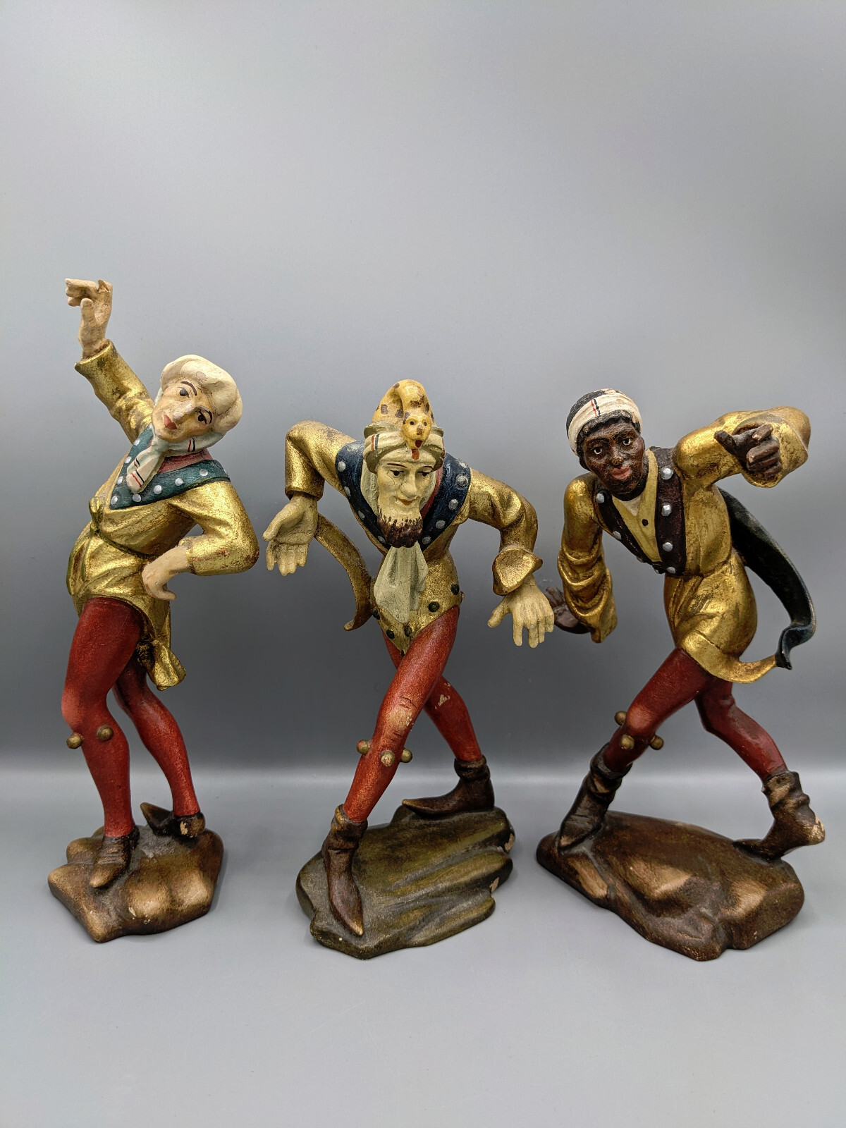 Vintage German Set of 3 Morris Dancers Jesters Wood Figurines Rare 8\