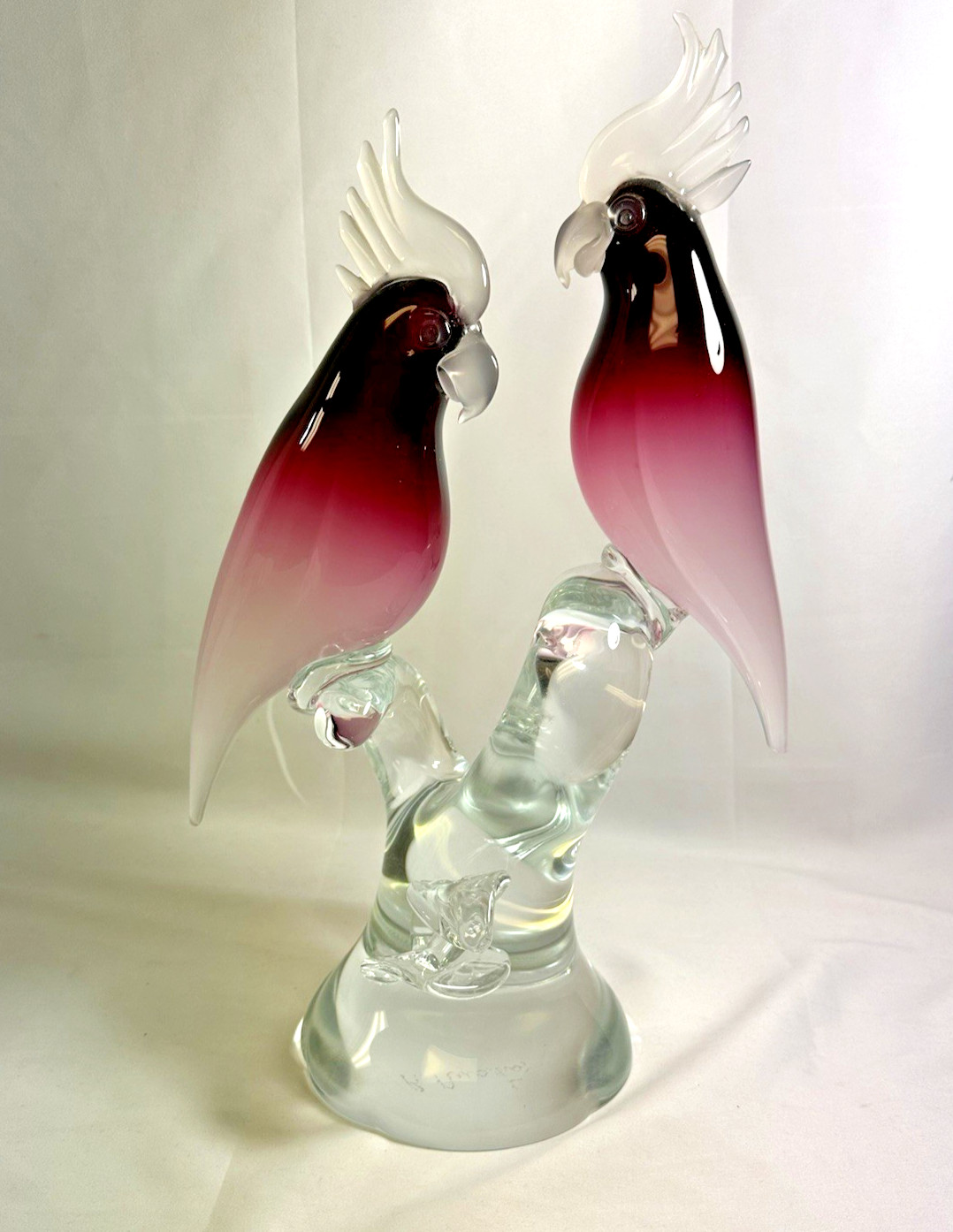 Renato Anatra Signed Murano Glass Cockatoos Sculpture Cranberry 17.5 Renato Anatra Signed Murano Glass Cockatoos Sculpture Cranberry 17.5