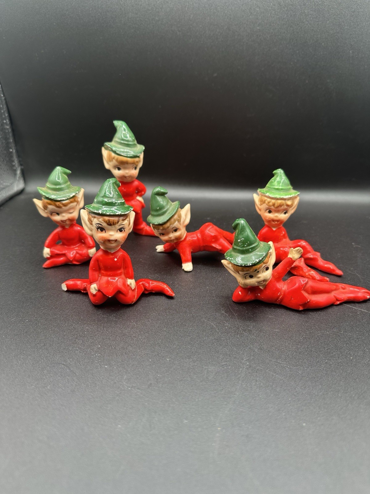 6 Vintage Mid Century Artmark Christmas Pixie Elf Ceramic Figurine Green Red 3\