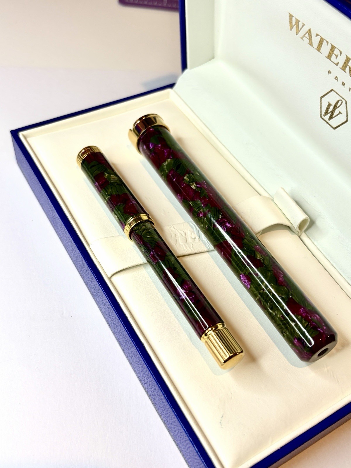 Waterman Lady Agathe Fountain Pen 18k Gold (F) 1990's Green/Purple Marble BOXED