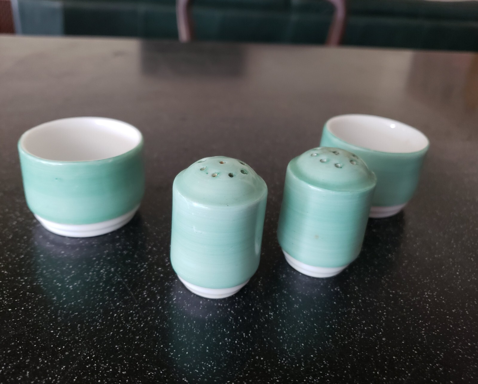 RARE PORSGRUND NORWAY GREEN POTTERY SALT AND PEPPER SHAKERS CUPS SHOT GLASS RARE PORSGRUND NORWAY GREEN POTTERY SALT AND PEPPER SHAKERS CUPS SHOT GLASS