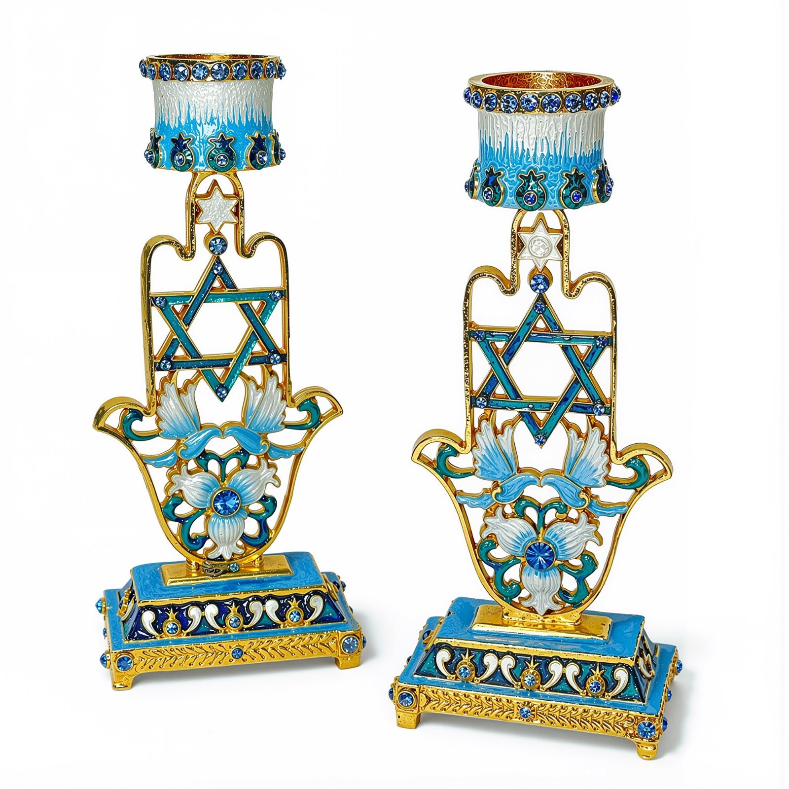 Handcrafted Jeweled Shabbat Candlestick Holders Set of 2 [Hamsa and David Star]