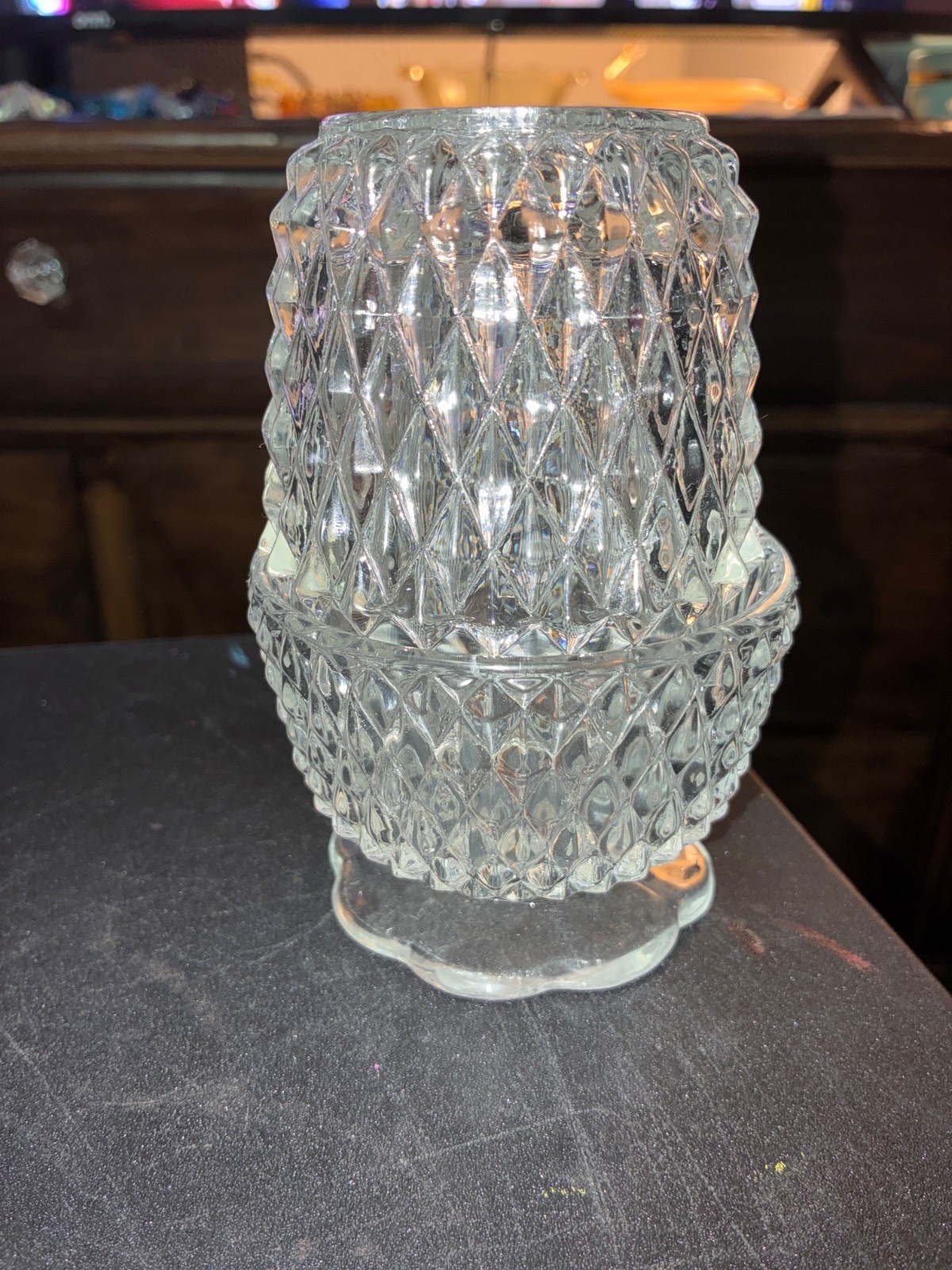 Vintage Indiana Glass Fairy Lamp Lite Clear Diamond Point Candle Holder 2pc Set Vintage Indiana Glass Fairy Lamp Lite Clear Diamond Point Candle Holder 2pc Set