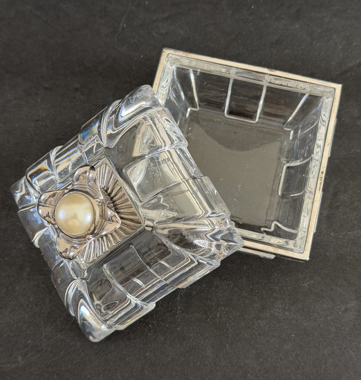 Elegant Crystal Silver Trinket Box Vintage Lenox Faux Pearl Bleikristall Germany
