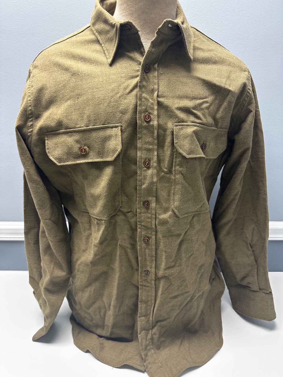 1941 WW2 US Army Wool Military Field Shirt Olive Green Size 16x34