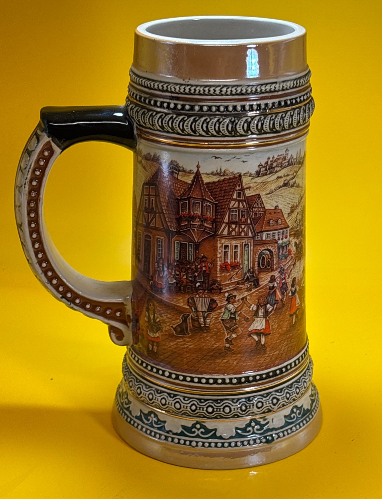 German Beer Stein Mug Handpainted Ceramic Bavarian Village Dancing EHG Vintage German Beer Stein Mug Handpainted Ceramic Bavarian Village Dancing EHG Vintage