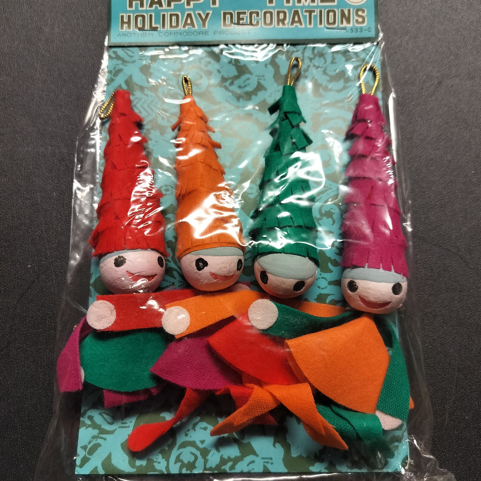 Christmas Ornament Japan Elf Pixies Felt Happy Time NOS 4 Pack Commodore Prod Christmas Ornament Japan Elf Pixies Felt Happy Time NOS 4 Pack Commodore Prod